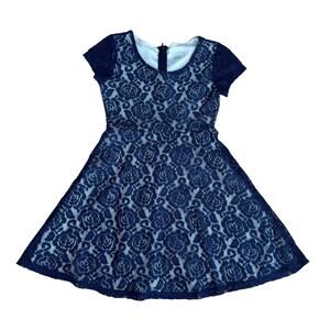 Xhilaration Girls Navy Short Sleeves Crew Neck Floral Lace A-Line Dress M 7-8